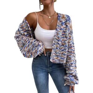 Shein Crop Cardigan Open Sweater Sz Small Chunky Oversized Space Dye Blue